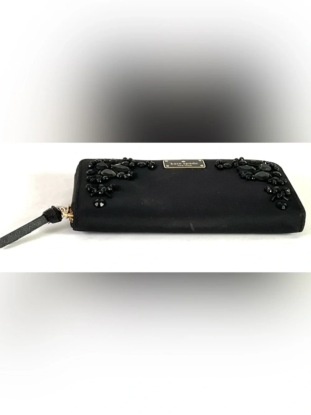 Kate Spade-“WILSON”-durable, black nylon fabric -beaded zip around wallet